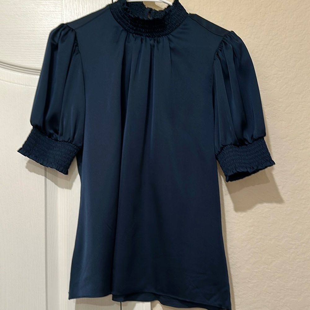 Ann Taylor Dark Teal Short Sleeve Hight Collar Blouse Size S